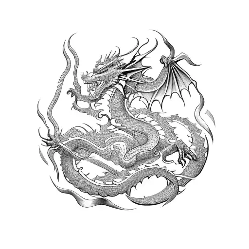 A dragon curled around an open book tattoo design idea