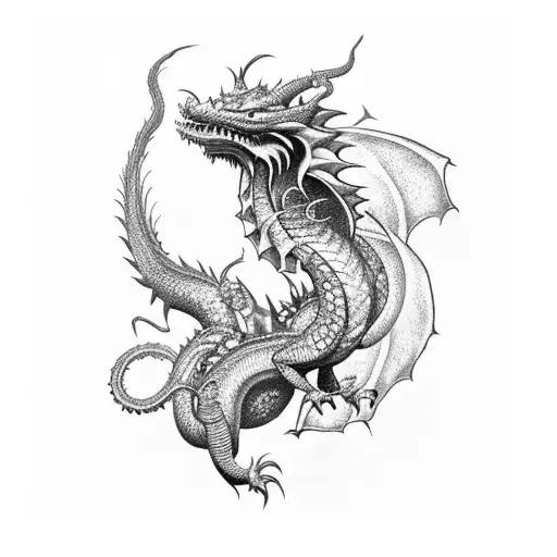 A dotwork tattoo of a wyrm dragon wrapped around a bookshelf filled with fantasy novels tattoo design idea
