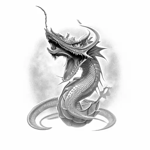 A black-grey tattoo of a majestic wyrm dragon perched on a pile of open books tattoo design idea