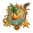 wave, palm tree, kiwi bird and kangaroo tattoo design idea