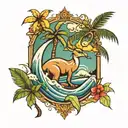 wave, palm tree, kiwi bird and kangaroo tattoo design idea