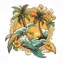 wave, palm tree, kiwi bird and kangaroo tattoo design idea