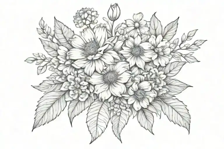 birth month flower bouquet of january, february, june, july, october, december on collarbone tattoo design idea