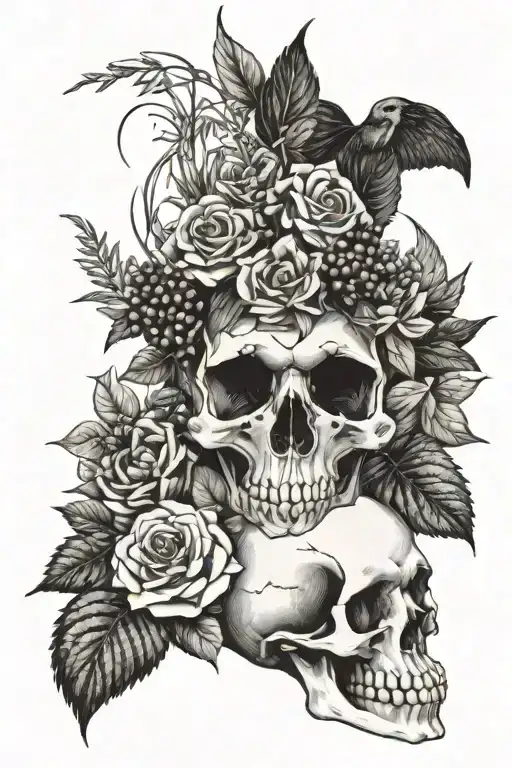 Fine line tattoo of witchy floral arrangement with blackberry, rosemary, lavender, pothos, and a small bird’s skull tattoo design idea