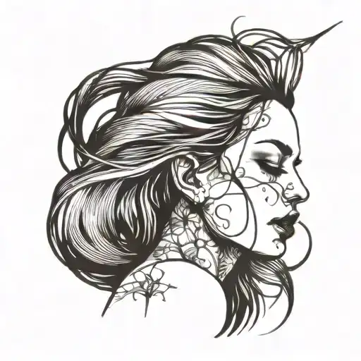 white woman, long straight wet brown hair, tongue sticked out, closed eyes tattoo design idea