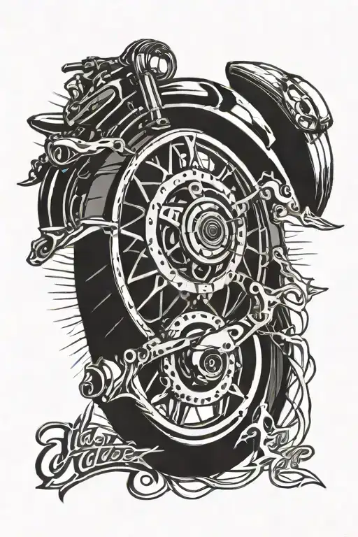motorcycle wheel with a qoute in the center  tattoo design idea