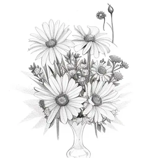 bouquet with a rose, daisies, sweetpea, larspur, carination, marigold and lily tattoo design idea