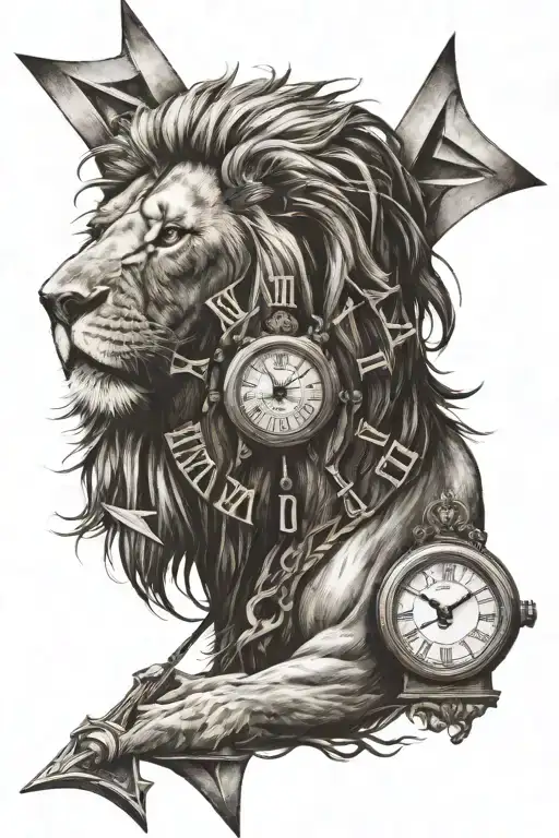 lion, arrow and time clock tattoo design idea
