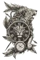 lion, arrow and time clock tattoo design idea