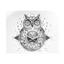 A cosmic owl perched on a coffee cup floating in space tattoo design idea