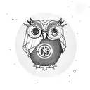 A cosmic owl perched on a coffee cup floating in space tattoo design idea