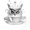 A cosmic owl perched on a coffee cup floating in space tattoo design idea