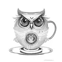 A cosmic owl perched on a coffee cup floating in space tattoo design idea