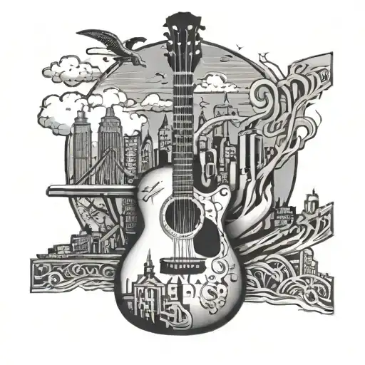 A black-grey tattoo of a guitar merging into a city skyline, symbolizing the musician's connection to music and urban life tattoo design idea
