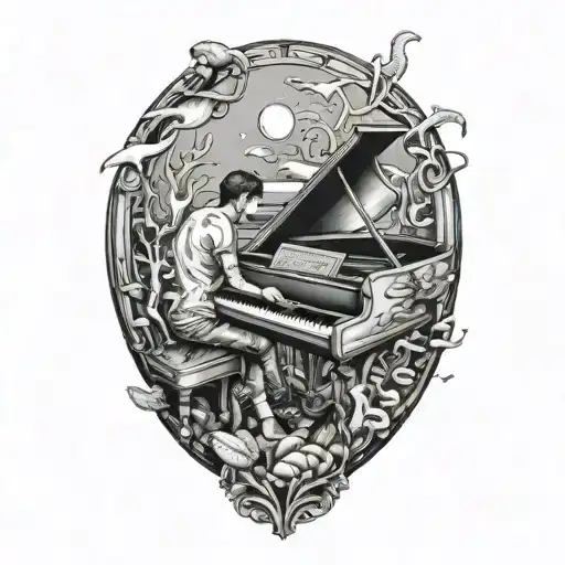 Create a surreal composition of a musician playing a piano underwater surrounded by marine life tattoo design idea