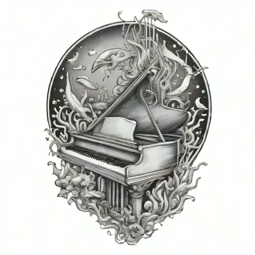 Create a surreal composition of a musician playing a piano underwater surrounded by marine life tattoo design idea