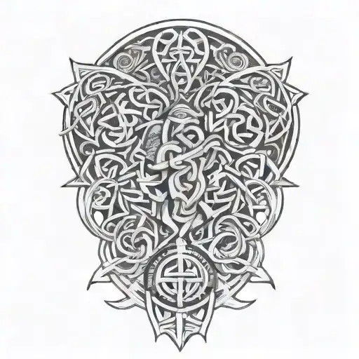 Battle scene with Celtic symbols intertwined tattoo design idea
