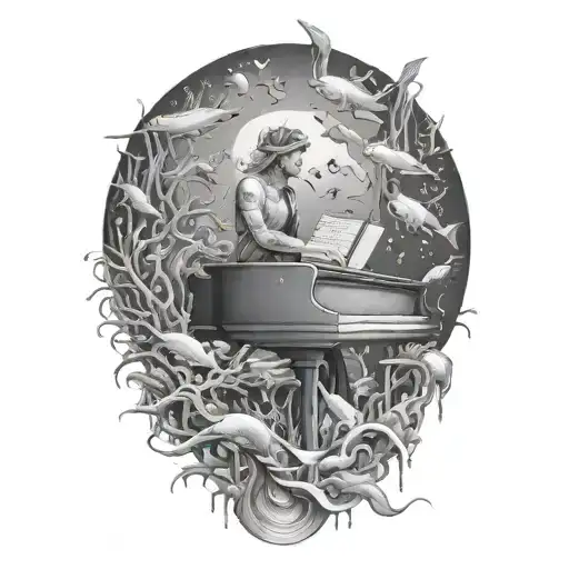 Create a surreal composition of a musician playing a piano underwater surrounded by marine life tattoo design idea