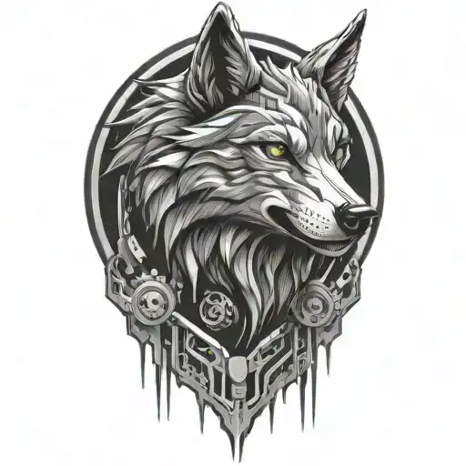 A futuristic wolf design with cybernetic enhancements reflecting the client's passions tattoo design idea