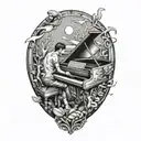 Create a surreal composition of a musician playing a piano underwater surrounded by marine life tattoo design idea
