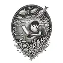 Create a surreal composition of a musician playing a piano underwater surrounded by marine life tattoo design idea