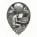 Create a surreal composition of a musician playing a piano underwater surrounded by marine life tattoo design idea
