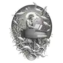 Create a surreal composition of a musician playing a piano underwater surrounded by marine life tattoo design idea
