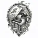 Create a surreal composition of a musician playing a piano underwater surrounded by marine life tattoo design idea