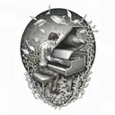 Create a surreal composition of a musician playing a piano underwater surrounded by marine life tattoo design idea
