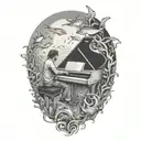 Create a surreal composition of a musician playing a piano underwater surrounded by marine life tattoo design idea