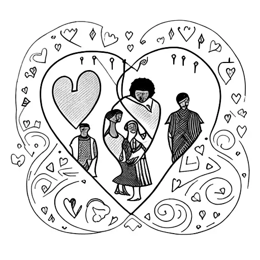 Celebrate the love for people and aesthetics by designing a sketch-style tattoo of a crowd of diverse individuals forming a heart shape, with each person representing a different form of art tattoo design idea