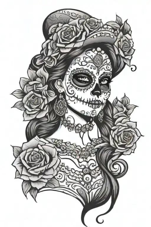 Mexican day of the dead make up on beautiful woman tattoo design idea