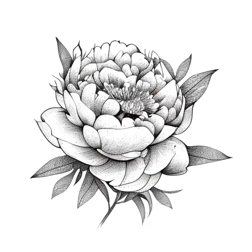 lineart bouquet of a peony and a globe flower with straws and leaves tattoo design idea