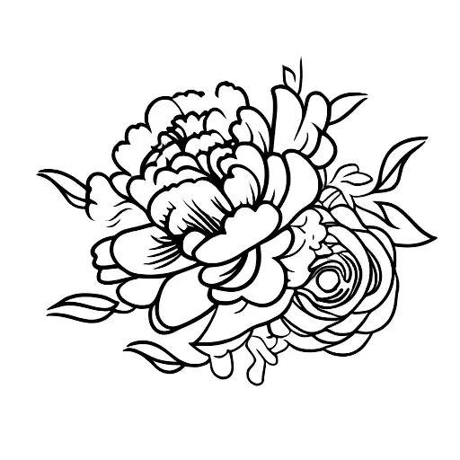 lineart bouquet of a peony and a globe flower with straws and leaves tattoo design idea