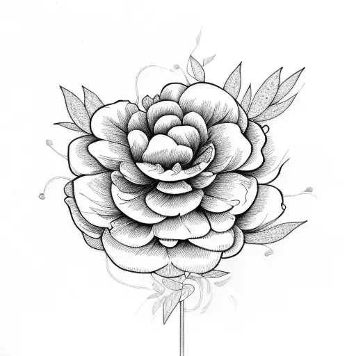 lineart bouquet consisting of a peony and a globe flower with straws and leaves tattoo design idea