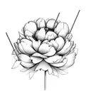 lineart bouquet of a peony and a globe flower with straws and leaves tattoo design idea