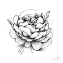 lineart bouquet of a peony and a globe flower with straws and leaves tattoo design idea