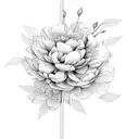 lineart bouquet of a peony and a globe flower with straws and leaves tattoo design idea