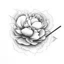 lineart bouquet consisting of a peony and a globe flower with straws and leaves tattoo design idea