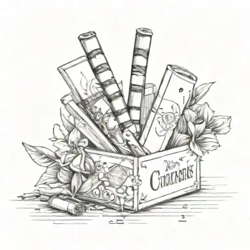 a box of cigarettes standing with flowers and a 5 euro bill inside tattoo design idea