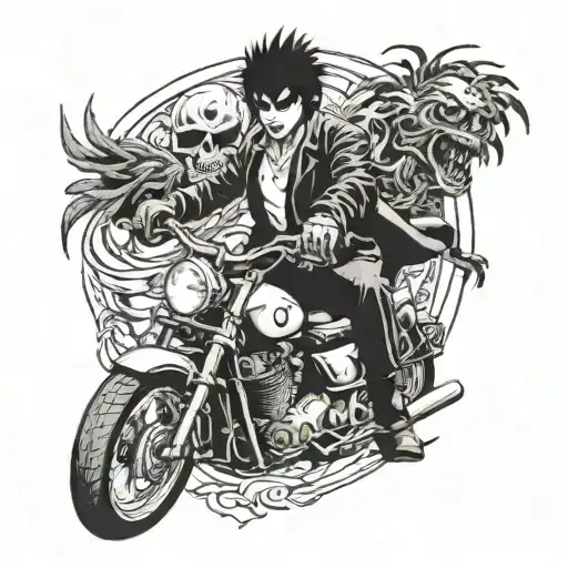light yagami riding motorcycles and ryuk shadow flying tattoo design idea