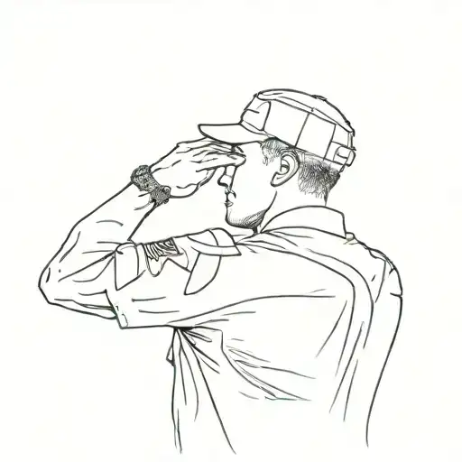 A minimalist tattoo design of a soldier saluting, with Eminem lyrics incorporated into the background tattoo design idea