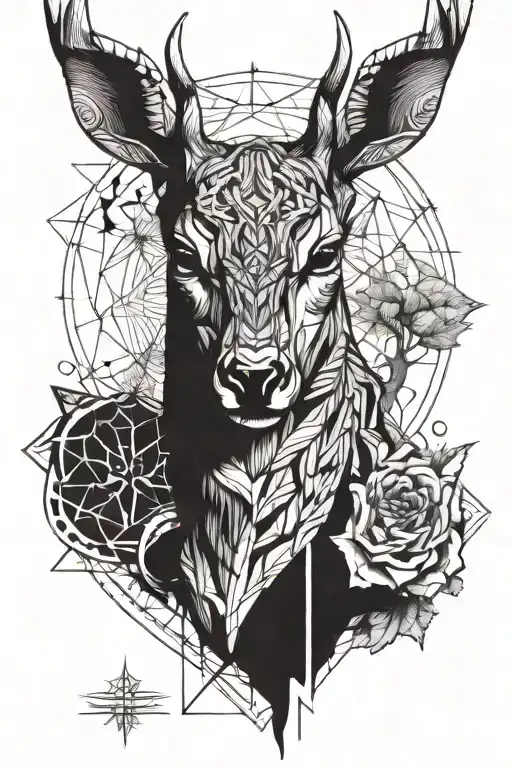 Deer and Owl head on top of each other with simple geometry design, reflecting knowledge, wiseness, universe and death tattoo design idea