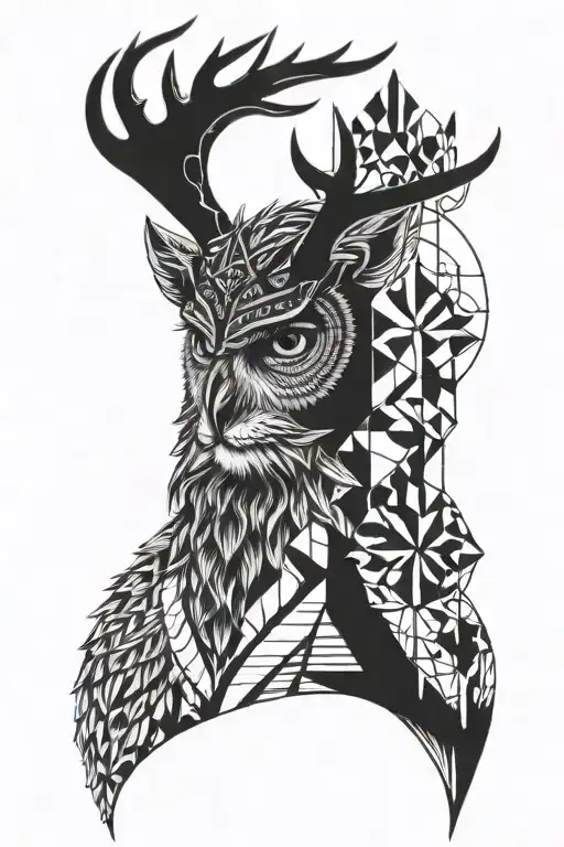 Owl head with deer antlers on top of a human male face with some simple geometry design, reflecting knowledge, wiseness tattoo design idea