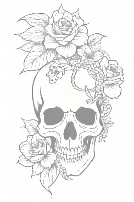fineline skull with flowers and snake tattoo design idea