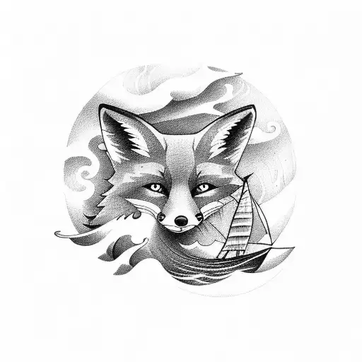 A fox sailing on a boat through stormy seas tattoo design idea