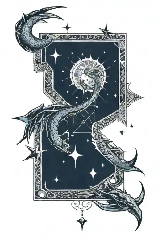 magic book, blue dragon, moon, saturn and stars around tattoo design idea