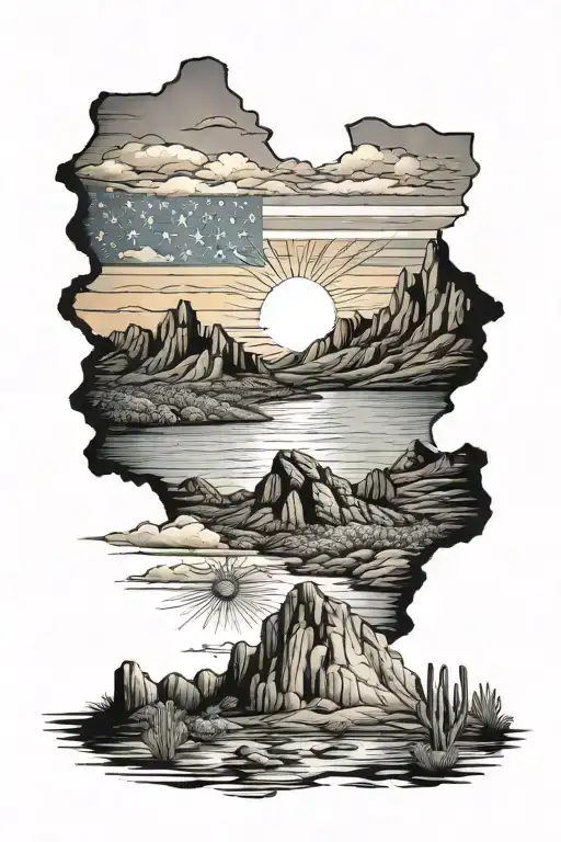 Arizona mountains with ocean and Arizona flag as sunset tattoo design idea