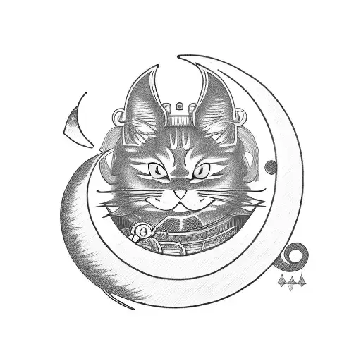 A samurai cat wielding a sword under a crescent moon, blending the client's favorite things in a unique way tattoo design idea