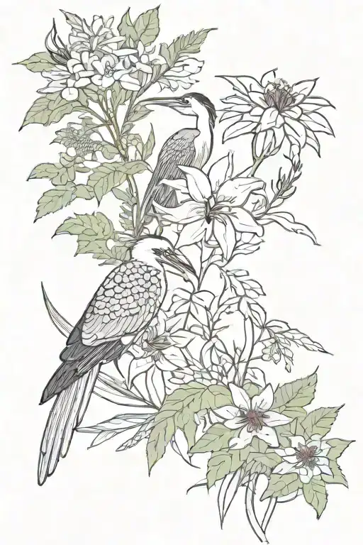heron, snake, bat, ferns, yarrow, yew, red spider lily, zephyranthes, protea, hibiscus, chrysanthemum tattoo design idea